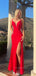 Deep V-neck High Slit Mermaid Long Evening Prom Dresses,  Spaghetti Straps Red Lace Prom Dress, PM0663