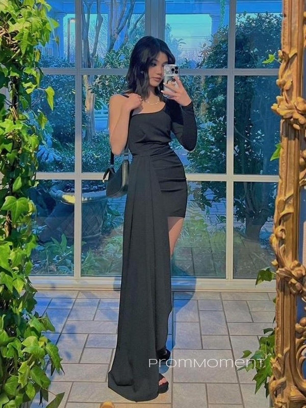 One Sleeve Unique Black Evening Prom Dresses,  PM0664