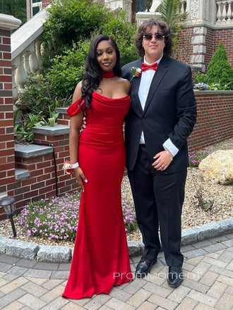 Mermaid Off Shoulder Red Long Evening Prom Dresses, Strapless Prom Dress, PM0673