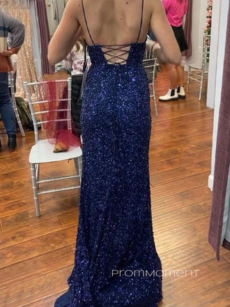 Deep V-neck Spaghetti Straps Sequins Long Evening Prom Dresses, Sparkly Side Slit Mermaid Prom Dress, PM0677