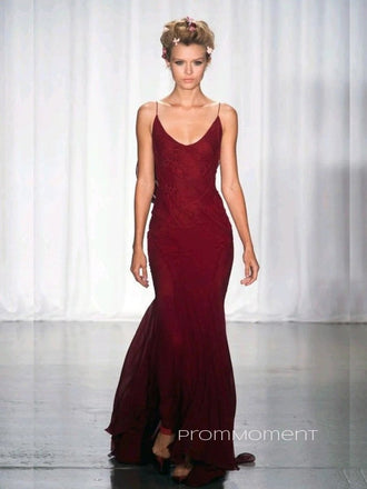 Gorgeous V-neck Spaghetti Straps Mermaid Long Evening Prom Dresses,  V-back Backless Prom Dress, PM0684