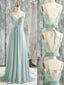 Formal V-neck Spaghetti Straps A-line Long Evening Prom Dresses, V-back Chiffon Prom Dress, PM0685