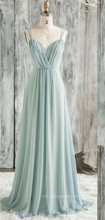 Formal V-neck Spaghetti Straps A-line Long Evening Prom Dresses, V-back Chiffon Prom Dress, PM0685