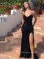 Poular Sequins V-neck Spaghetti Straps Long Evening Prom Dresses, High Slit Mermaid Sparkly Prom Dress, PM0686