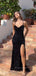 Poular Sequins V-neck Spaghetti Straps Long Evening Prom Dresses, High Slit Mermaid Sparkly Prom Dress, PM0686