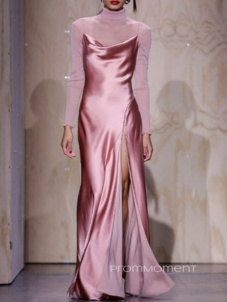 Unique Long Sleeves Side Slit Long Evening Prom Dresses, Pink Prom Dress, PM0687