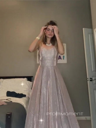 Spaghetti Straps Sparkly A-line Long Evening Prom Dresses, Beautiful Sleeveless Backless V-neck Prom Dress, PM0688