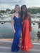 Royal Blue Sparkly Sequins Mermaid Long Evening Prom Dresses, Spaghetti Straps High Slit V-neck Prom Dress, PM0694