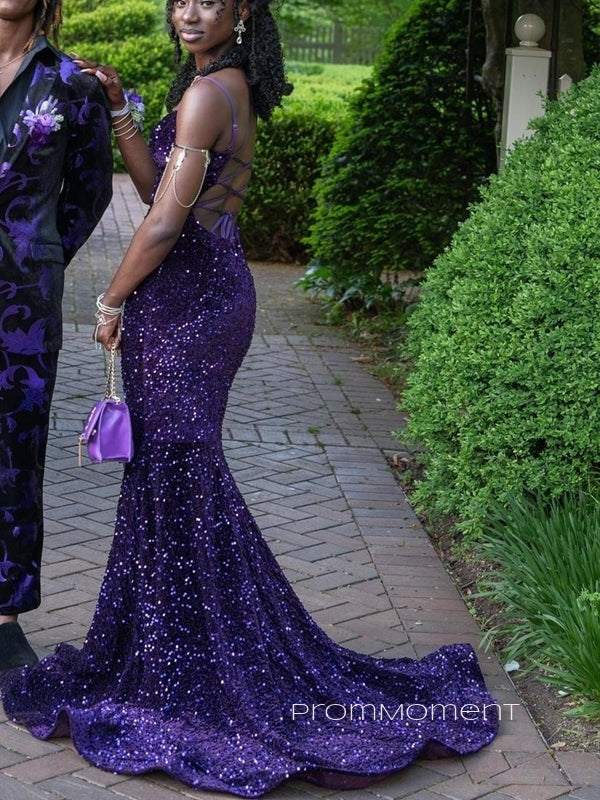 Sexy Backless Spaghetti Straps Deep V-neck Mermaid Long Evening Prom Dresses, Sequins Purple Prom Dress, PM0695