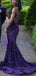 Sexy Backless Spaghetti Straps Deep V-neck Mermaid Long Evening Prom Dresses, Sequins Purple Prom Dress, PM0695