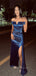 Off Shoulder Mermaid Side Slit Long Evening Prom Dresses, Royal Blue Satin Prom Dress, PM0697