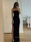 Simple Strapless Sleeveless Mermaid Long Evening Prom Dresses, High Slit Black Prom Dress, PM0703