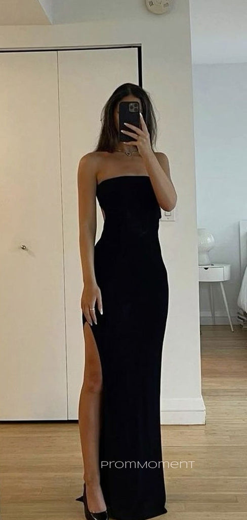 Simple Strapless Sleeveless Mermaid Long Evening Prom Dresses, High Slit Black Prom Dress, PM0703