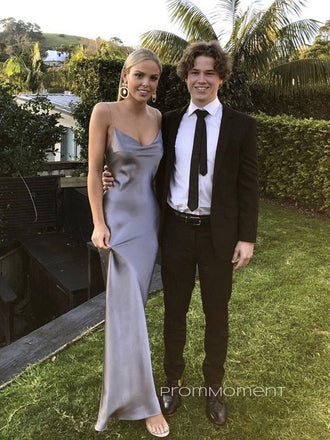 Spaghetti Straps V-neck Mermaid Long Evening Prom Dresses, Satin Sleeveless Backless Prom Dress, PM0705