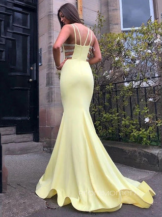V-neck Spaghetti Straps Mermaid Sleeveless Long Evening Prom Dresses, Floor-length Backless Prom Dress, PM0706