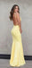 Sexy Backless Sheath V-neck Long Evening Prom Dresses, Mermaid Yellow Sleeveless Prom Dress, PM0707