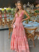 Lovely Deep V-neck A-line Long Evening Prom Dresses, Pink Backless Prom Dress, PM0708