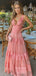 Lovely Deep V-neck A-line Long Evening Prom Dresses, Pink Backless Prom Dress, PM0708