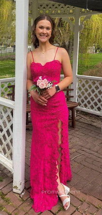 Spaghetti Straps Side Slit Mermaid Long Evening Prom Dresses, Sleeveless Lace Backless Prom Dress, PM0709