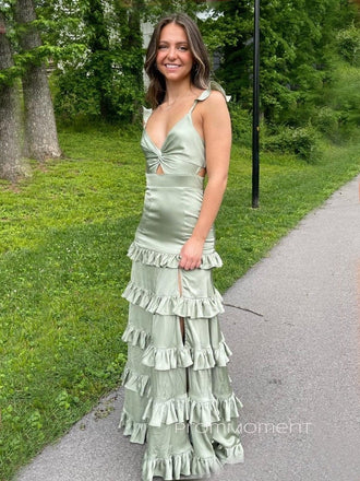 Deep V-neck Straps Mermaid Side Slit Long Evening Prom Dresses, Backless Prom Dress, PM0712