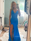 V-neck Spaghetti Straps High Slit Mermaid Long Evening Prom Dresses, Royal Blue Sleeveless  Prom Dress, PM0716