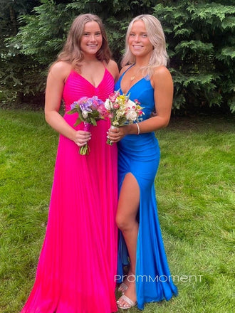 V-neck Spaghetti Straps High Slit Mermaid Long Evening Prom Dresses, Royal Blue Sleeveless  Prom Dress, PM0716