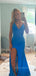 V-neck Spaghetti Straps High Slit Mermaid Long Evening Prom Dresses, Royal Blue Sleeveless  Prom Dress, PM0716