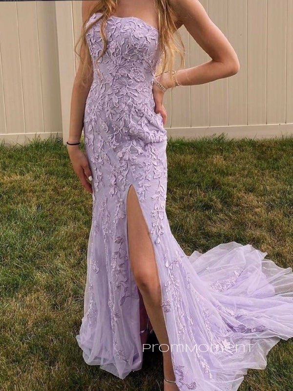 Strapless Side Slit Mermaid Purple Long Evening Prom Dresses, Backless Floor-length Sleeveless Prom Dress, PM0717