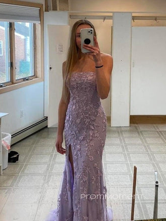 Strapless Side Slit Mermaid Purple Long Evening Prom Dresses, Backless Floor-length Sleeveless Prom Dress, PM0717