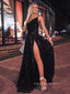 High Slit Sequins Black One Shoulder Long Evening Prom Dresses, Sleeveless Sparkly Prom Dress, PM0720