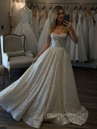 Sparkly A-line Straps Long Evening Prom Dresses, Beautiful Sleeveless Backless Prom Dress, PM0721