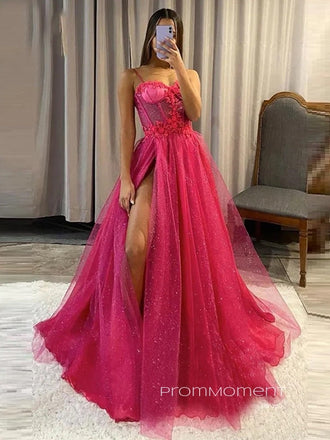 Spaghetti Straps High Slit A-line Long Evening Prom Dresses, Sparkly Sleeveless Backless Prom Dress, PM0722