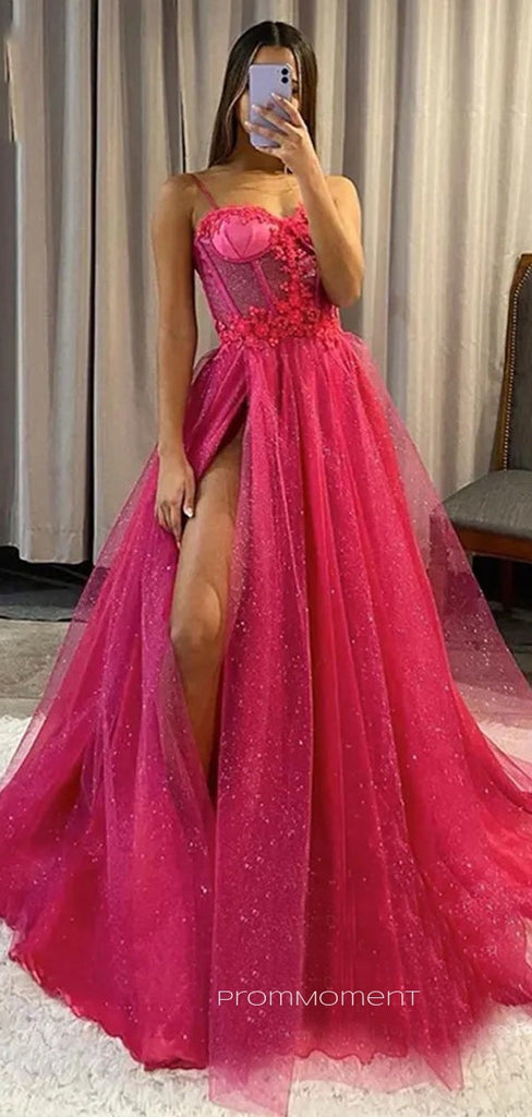 Spaghetti Straps High Slit A-line Long Evening Prom Dresses, Sparkly Sleeveless Backless Prom Dress, PM0722