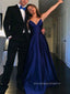 Spaghetti Straps V-neck A-line Long Evening Prom Dresses, Royal Blue Prom Dress, PM0724