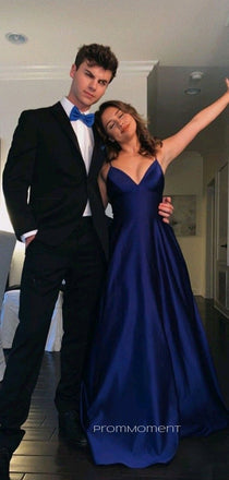 Spaghetti Straps V-neck A-line Long Evening Prom Dresses, Royal Blue Prom Dress, PM0724