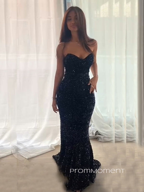 Sweetheart Strapless Black Sequins Long Evening Prom Dresses, Backless Mermaid Prom Dress, PM0730