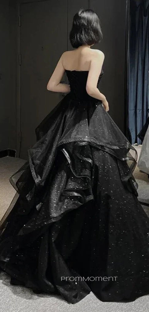 Sweetheart Strapless Black A-line Sparkly Long Evening Prom Dresses, Sleeveless Backless Prom Dress, PM0733