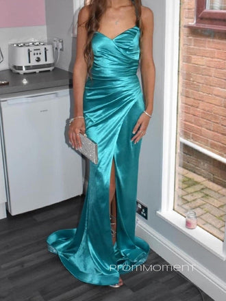 V-neck Side Slit Spaghetti Straps Mermaid Long Evening Prom Dresses, Backless Satin Sleeveless Prom Dress, PM0734