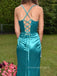V-neck Side Slit Spaghetti Straps Mermaid Long Evening Prom Dresses, Backless Satin Sleeveless Prom Dress, PM0734