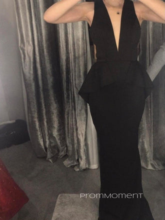 Deep V-neck Floor-length Mermaid Long Evening Prom Dresses, Black Sleeveless Backless Prom Dress, PM0735