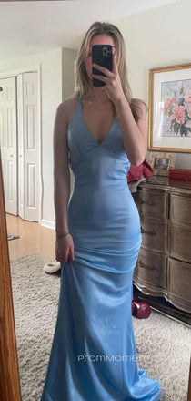 V-neck Straps Mermaid Long Evening Prom Dresses, Backless Satin Sleeveless Prom Dress, PM0736
