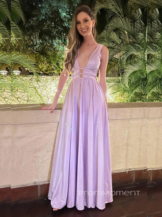 Deep V-neck Straps A-line Long Evening Prom Dresses, Formal Backless Prom Dress, PM0737