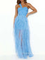 Beautiful A-line Blue Tulle Long Evening Prom Dresses, Side Slit One Shoulder Sweetheart Prom Dress, PM0738