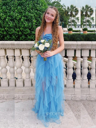 Beautiful A-line Blue Tulle Long Evening Prom Dresses, Side Slit One Shoulder Sweetheart Prom Dress, PM0738