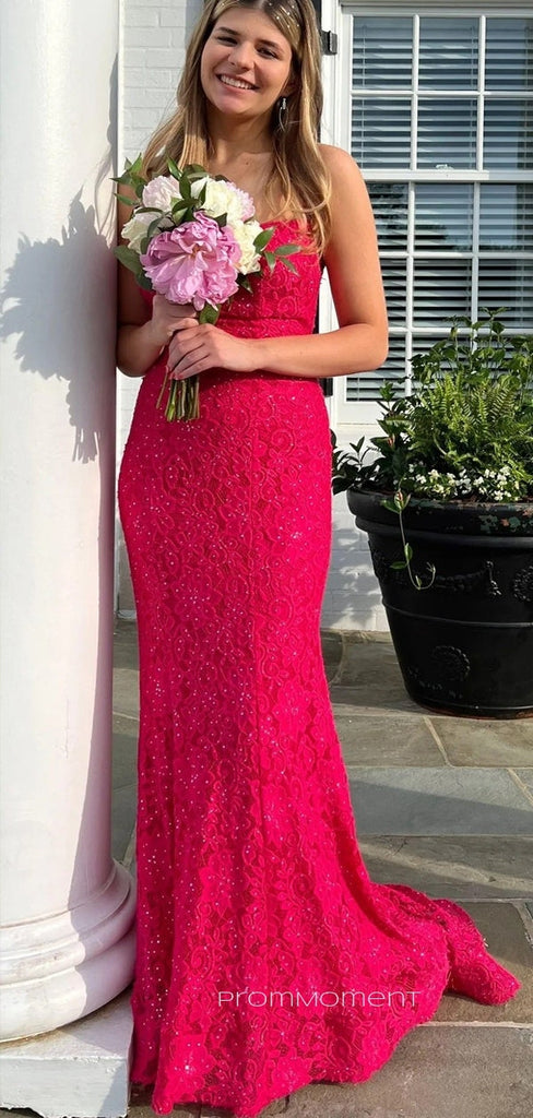 Spaghetti Straps Mermaid Lace Long Evening Prom Dresses, Sleeveless Floor-length Prom Dress, PM0741