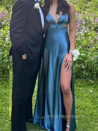 Satin Deep V-neck Side Slit Long Evening Prom Dresses,Spaghetti Straps Backless Prom Dress, PM0742