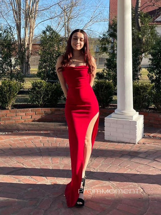 High Slit Mermaid Spaghetti Straps Long Evening Prom Dresses, Red Backless Prom Dress, PM0744