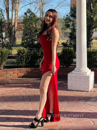 High Slit Mermaid Spaghetti Straps Long Evening Prom Dresses, Red Backless Prom Dress, PM0744