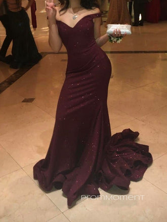 Off Shoulder V-neck Sparkly Long Evening Prom Dresses, Mermaid Floor-length Sheath Prom Dress, PM0748