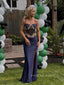 Spaghetti Straps Sweetheart High Slit Long Evening Prom Dresses, Memaid Navy Blue Prom Dress, PM0749